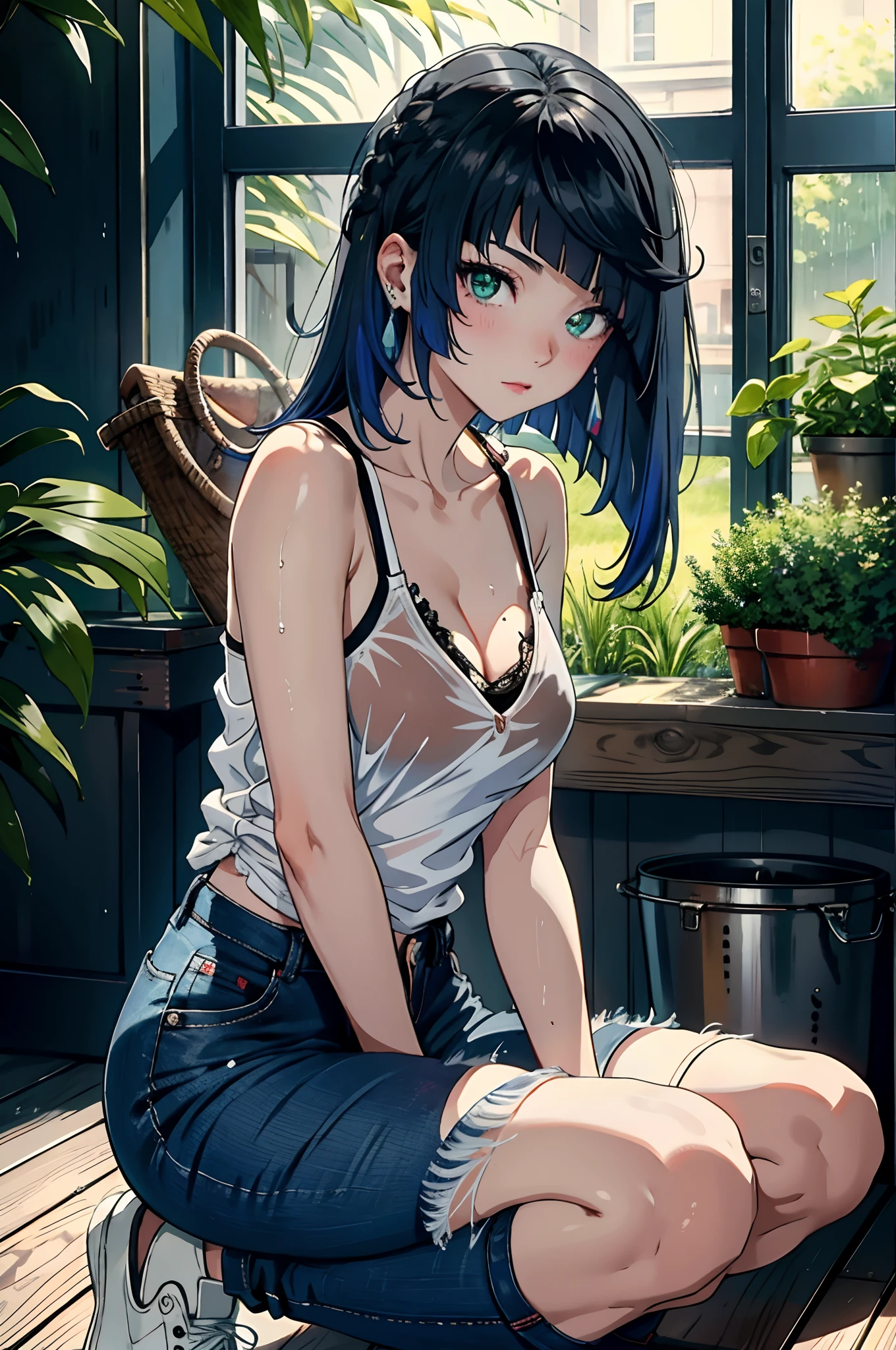 Best picture quality,tmasterpiece,超高分辨率,(Fidelity:1.4),photore,1girll,,white shirt,worn jeans,White sneakers,Pale green eyeballs,eyeslashes,beautiful pupil,eye shadows,Light blush,Delicate facial features,Reasonable facial features,(torn laundry:1.5),(wetclothes:1.4),Chest patch,exposed bare shoulders,Real rain,Wet hair