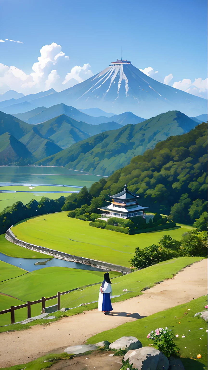 Japanese landscape、An old castle of Japan faintly visible at the top of the mountain、夏天、Pasture、a few small flowers、Clear lake、pecora、heaven、Large clouds、blue open sky、Hot weather、HD Detail、wet watermarks、Hyper-detailing、movie、surrealism、Soft light、Deep field focus bokeh、Snowy mountains in the distance、Ray traching、surrealism。 --v6