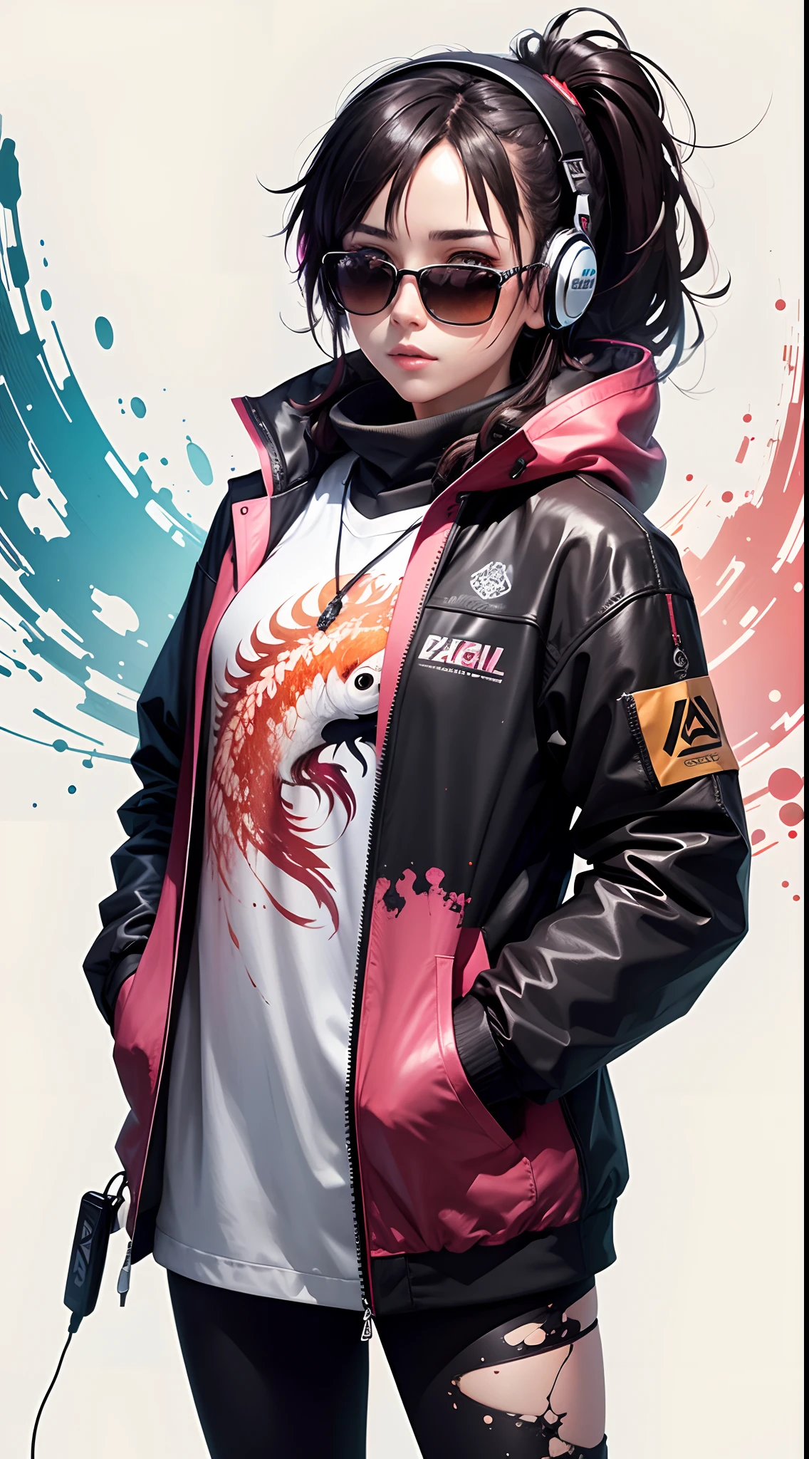 (Perfect centering+Colorful carp), Wear a student team jacket, Wearing sunglasses, Wearing headphones, cheerfulness, Standing position, Abstract beauty, Centered, Facing the camera, Looking at the audience, nearing perfection, Digital painting, art stations, concept-art, smooth, Sharp focus, 8K, high definition resolution, illustration, Art by Carne Griffiths and Wadim Kashin, White background --auto