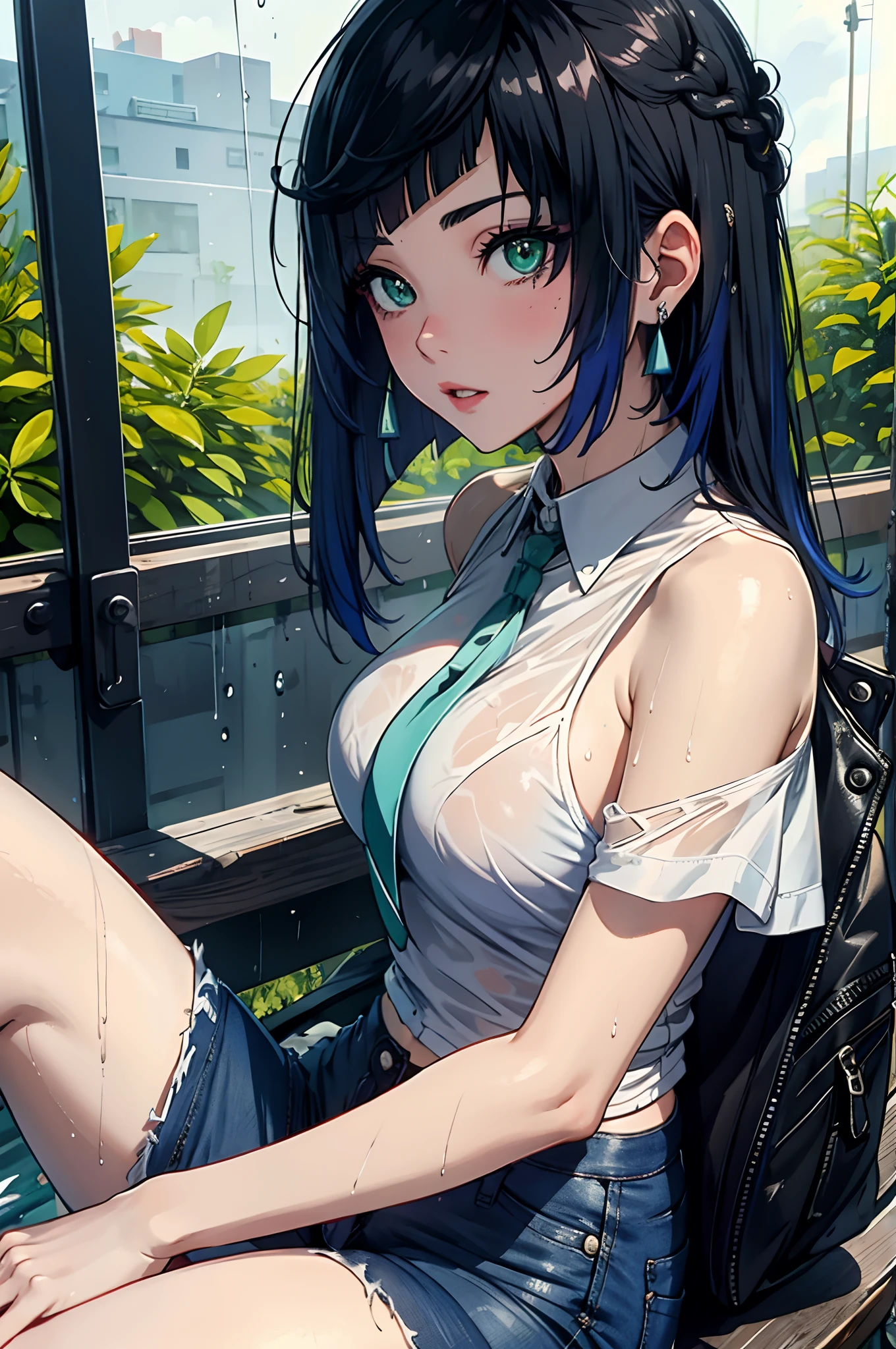 Best picture quality,tmasterpiece,超高分辨率,(Fidelity:1.4),photore,1girll,,white shirt,worn jeans,White sneakers,Pale green eyeballs,eyeslashes,beautiful pupil,eye shadows,Light blush,Delicate facial features,Reasonable facial features,(torn laundry:1.5),(wetclothes:1.4),Chest patch,exposed bare shoulders,Real rain,Wet hair