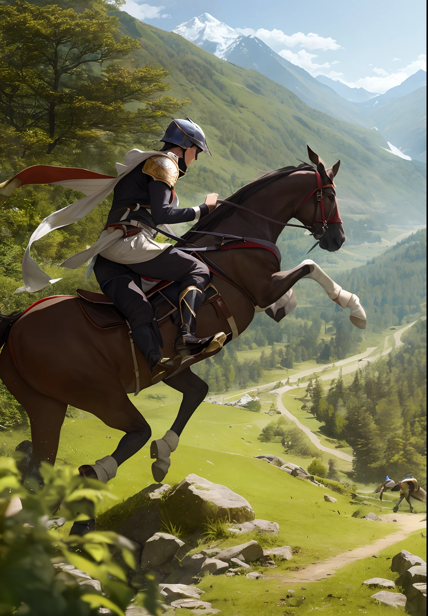 Two knights fight in the mountains during the day