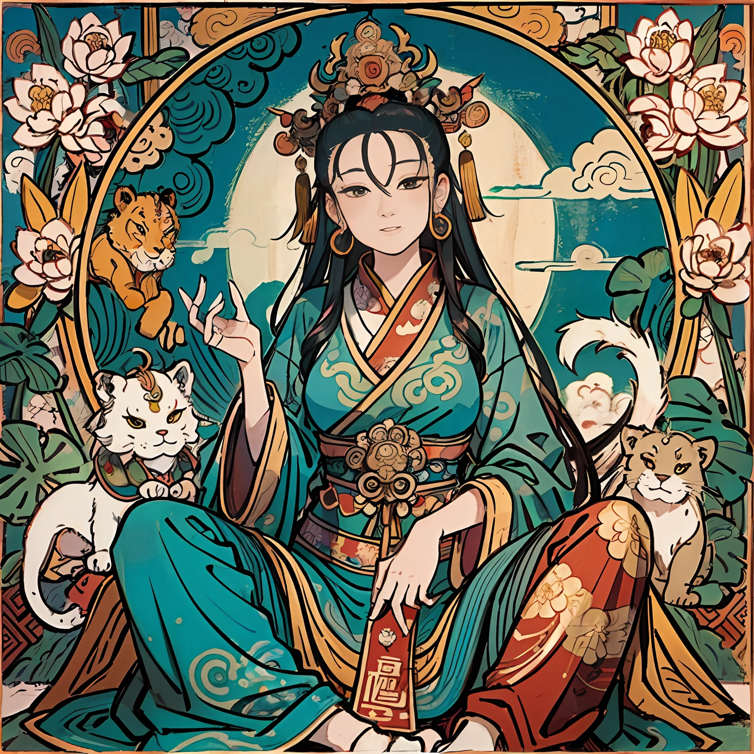 an ancient Chinese goddess, guanyin of the southern seas, Guanyin, Inspired by India, Avalokiteshvara rides a lion,,Serene expression,shui mo hua,Buddha,Buddhist,Lotus,Chinese painting style,Thangka style