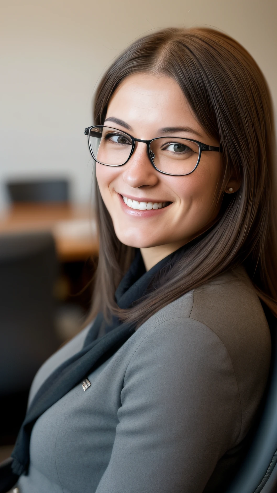 a woman with glasses smiling in a large chair, in the style of gamercore, carson grubaugh, strong facial expression, gray and black, staining, matte photo, close-up --ar 13:16 --zoom 2
