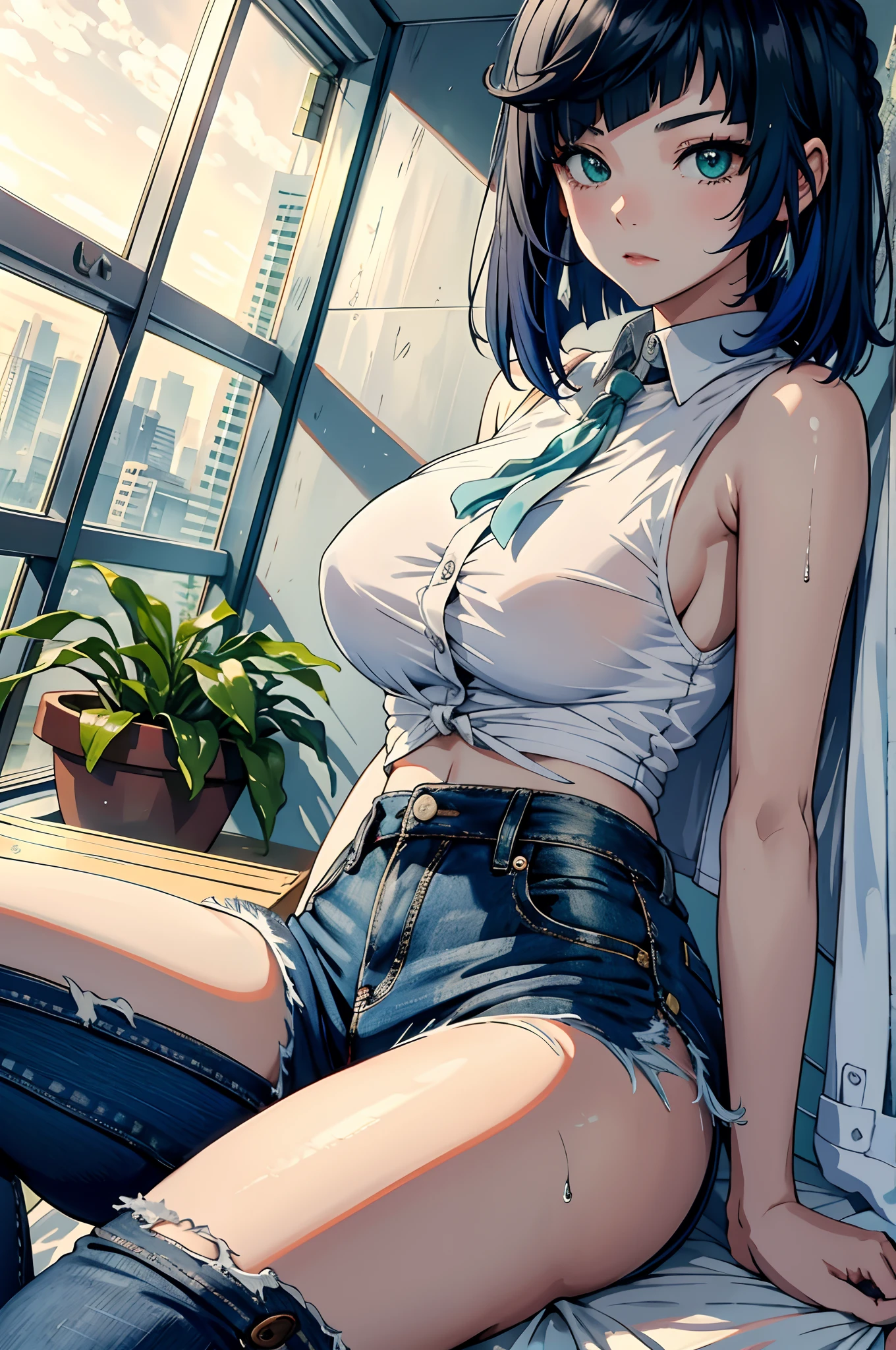 Best picture quality,tmasterpiece,超高分辨率,(Fidelity:1.4),photore,1girll,,white shirt,worn jeans,White sneakers,Pale green eyeballs,eyeslashes,beautiful pupil,eye shadows,Light blush,Delicate facial features,Reasonable facial features,(torn laundry:1.5),(wetclothes:1.4),Chest patch,exposed bare shoulders,Real rain,Wet hair