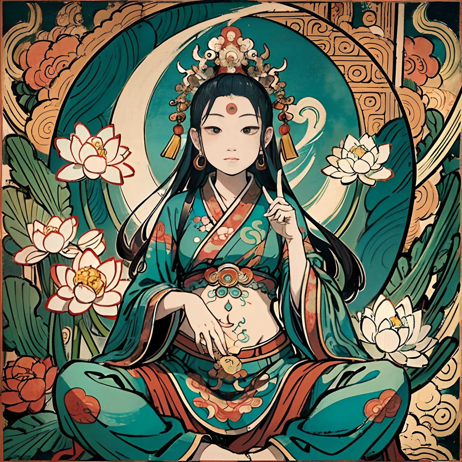 an ancient Chinese goddess, guanyin of the southern seas, Guanyin, Inspired by India, Avalokiteshvara rides a phoenix,,Serene expression,shui mo hua,Buddha,Buddhist,Lotus,Chinese painting style,Thangka style