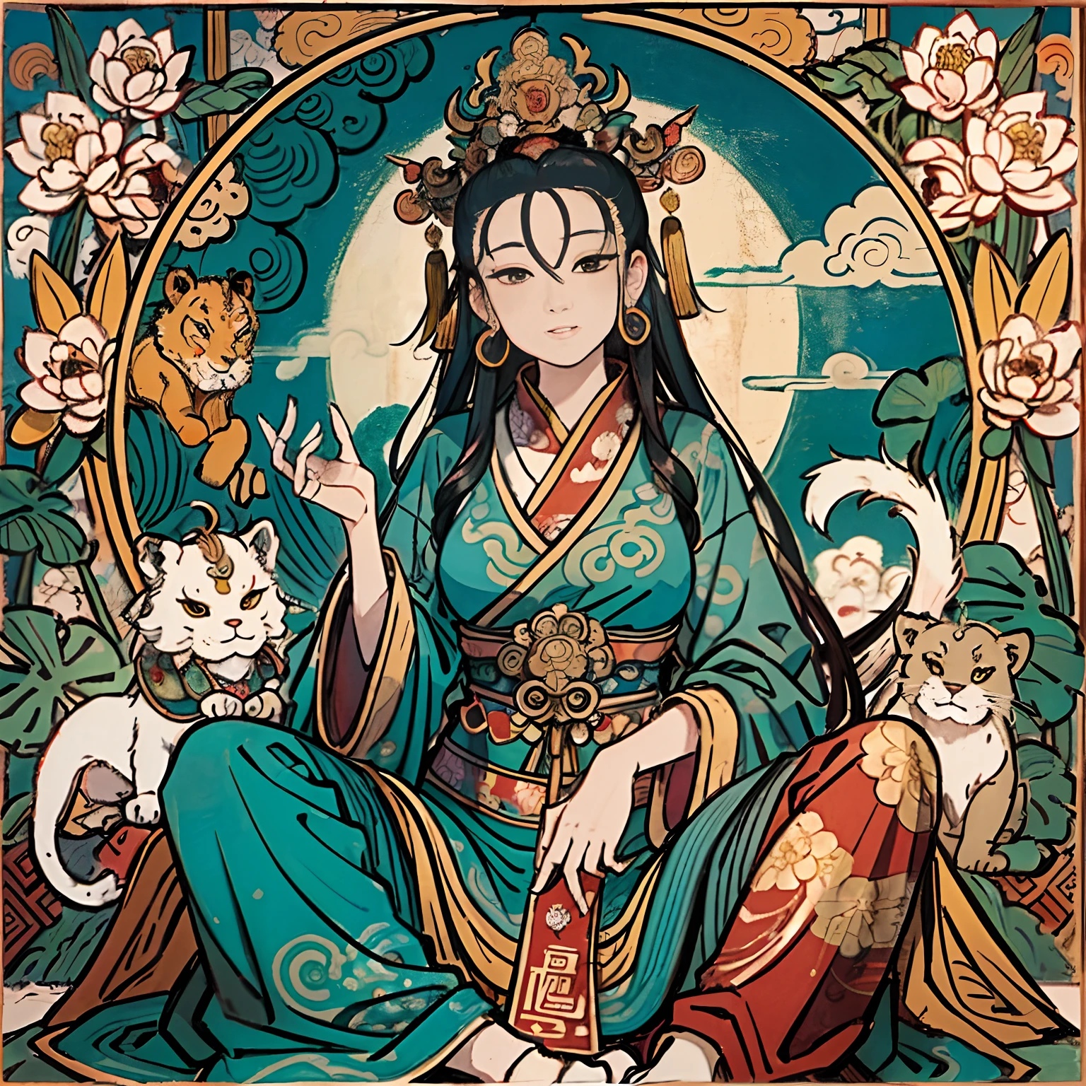 an ancient Chinese goddess, guanyin of the southern seas, Guanyin, Inspired by India, Avalokiteshvara rides a lion,,Serene expression,shui mo hua,Buddha,Buddhist,Lotus,Chinese painting style,Thangka style