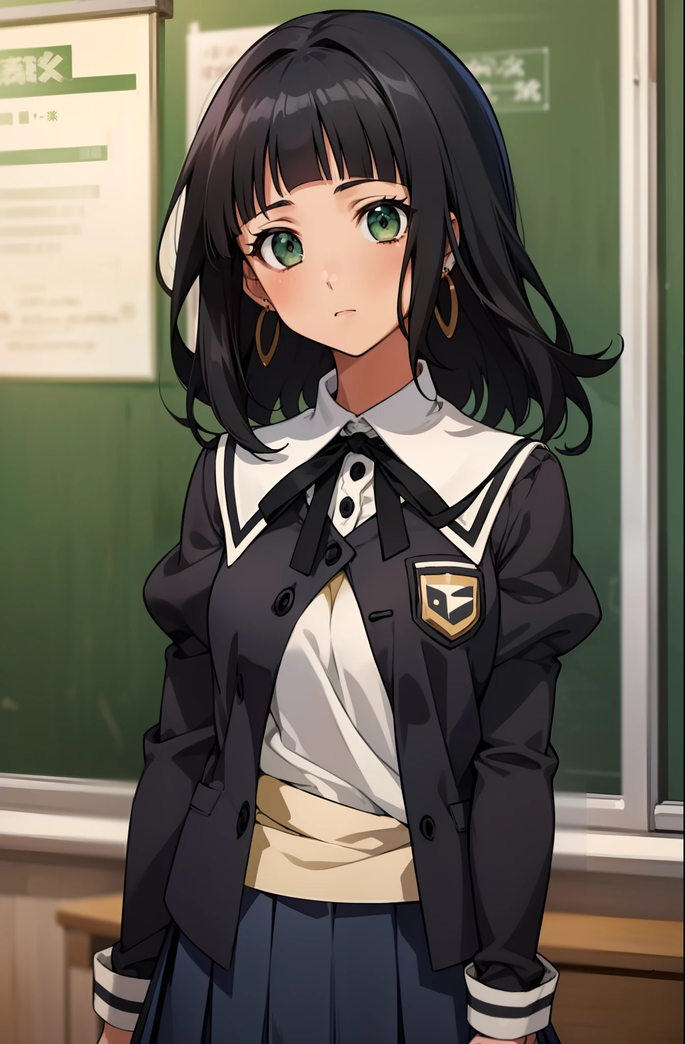 solo, (((anime girl with straight black hair wearing earrings))), (((with tan skin))), (((straight hair))), (((concave bangs))), (blank green eyes), (((neutral face))), ((blank facial expression)), school uniform, skirt, shadows over eyes, ((classroom in background)), ((high quality)), (extremely detailed)