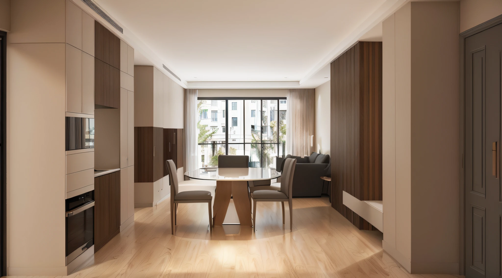 The dining room is equipped with tables and chairs。, apartment design, excellent 3d render, highly photographic render, precise architectural rendering, Realistic physical rendering, very realistic 3 d render, high quality 3d render, high quality 3 d render, professional 3d render, high quality rendering, rendered in corona, luxury condo interior, architectural 3 d render，Matte oak floors