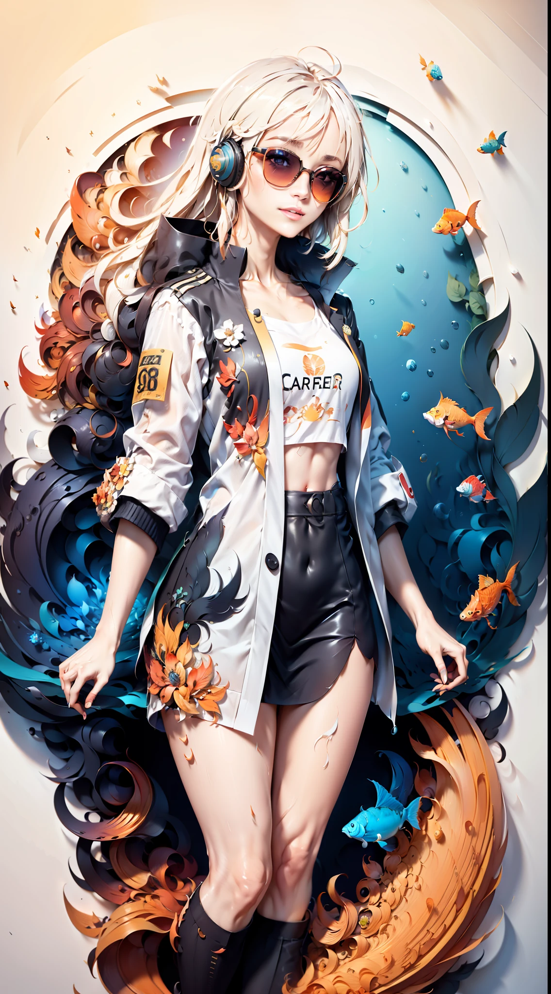 (Perfect centering+Colorful carp), Wear a student team jacket, Wearing sunglasses, Wearing headphones, cheerfulness, Standing position, Abstract beauty, Centered, Facing the camera, Looking at the audience, nearing perfection, Digital painting, art stations, concept-art, smooth, Sharp focus, 8K, high definition resolution, illustration, Art by Carne Griffiths and Wadim Kashin, White background