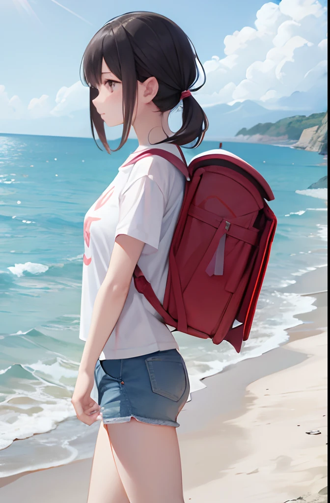 A girl walks on a seaside road、Staring at the sea with a cool face。What to wear、T-shirt and hot pants, wearing backpack, travel backpack, (backpack:1.0)