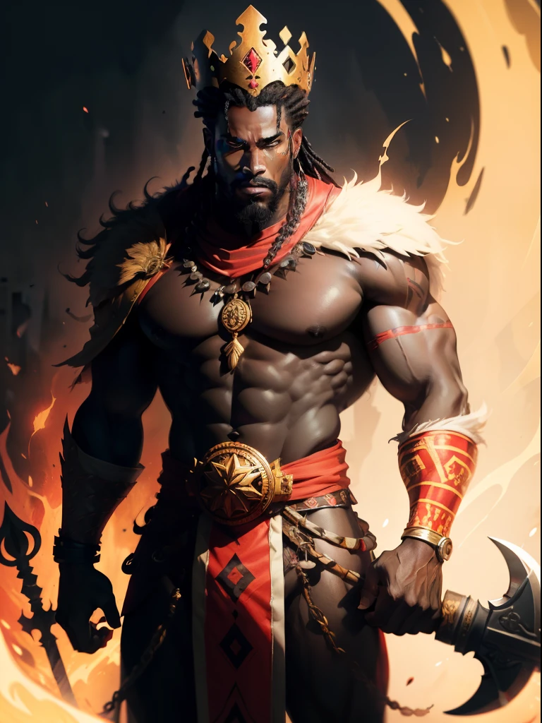 bits of color, Sketch book, hand drawn, dark, gritty, realistic sketch, Rough sketch, mix of bold dark lines and loose lines, bold lines, on paper, centered artwork, 2D vector, vivid red watercolor,  turn around Character sheet, Full body, african tribal king, handsome Black Man, forte king, dungeon and dragons, Defined bulky muscles, African king clothes, golden details, crown of fire, flaming eyes, axes with neon lightning