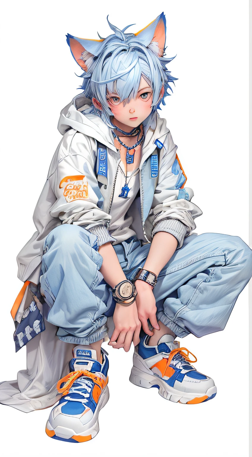 a masterpiece，Bestquality，offical art，8kwallpaper，Extremely Detailed，Illustration，1BOY，Animal ears，blue hair，with short hair，Trendy outfits，Silver necklace，Orange mechanical watch，white sneakers，squat down，Hands droop naturally，Blue hooded jacket with graphic monogram，Light-colored denim cargo pants，Street side，