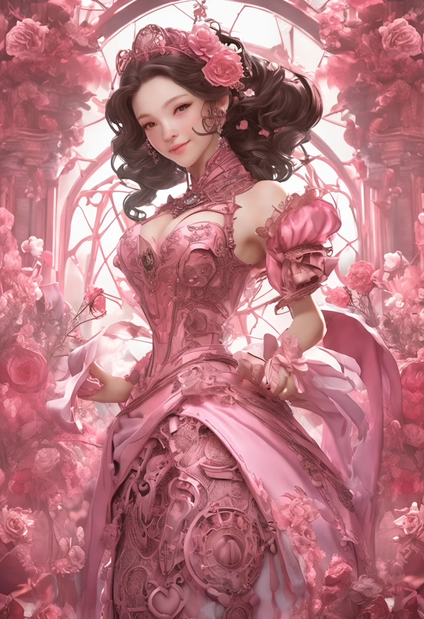 Amazing full body portrait of magical fantasy:Qiu Shuzhen,Three steampunk women in pink dresses and lace, The low-cut neckline accentuates femininity, Small ears, Brown hair, Ultra-clear face,Smiling happy, Dynamic pose, DnD, fantasy, Extreme detail, 4K, Ultra HD, trending on artstationh, Polished, Radiant, vibrant, Backlight, 8k ultra high definition, Unreal Engine 5 potions, intricately details, 3D video rendering