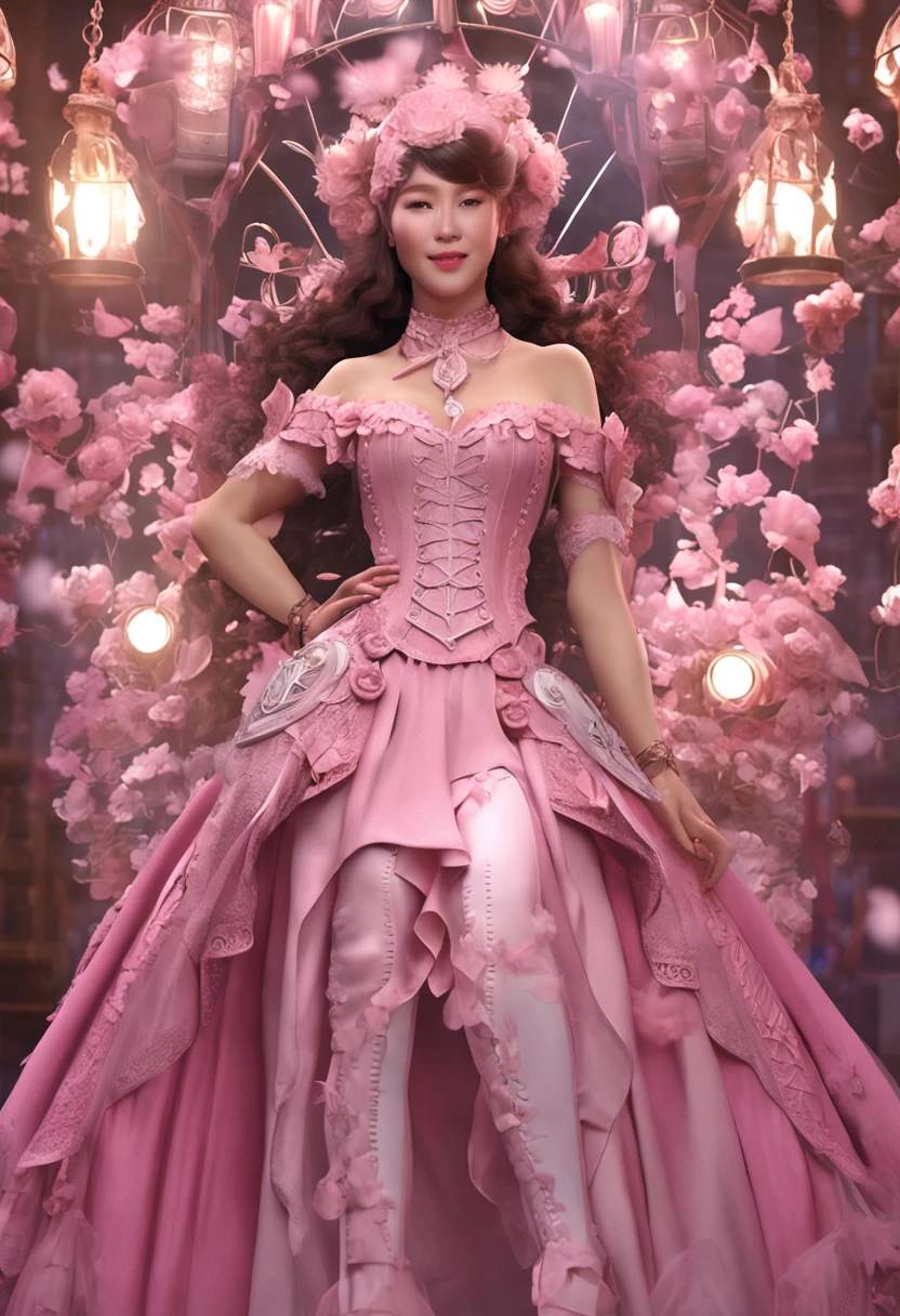 Amazing full body portrait of magical fantasy:Qiu Shuzhen,Three steampunk women in pink dresses and lace, The low-cut neckline accentuates femininity, Small ears, Brown hair, Ultra-clear face,Smiling happy, Dynamic pose, DnD, fantasy, Extreme detail, 4K, Ultra HD, trending on artstationh, Polished, Radiant, vibrant, Backlight, 8k ultra high definition, Unreal Engine 5 potions, intricately details, 3D video rendering