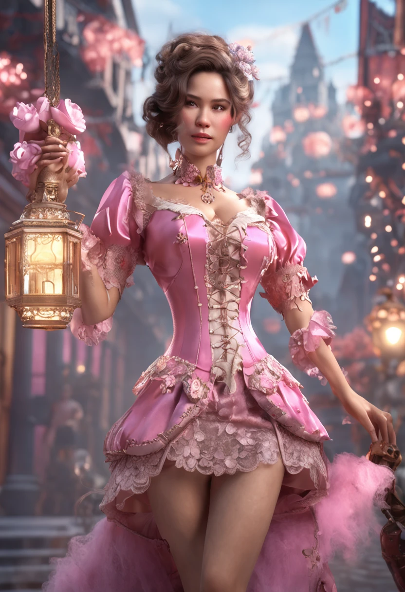 Amazing full body portrait of magical fantasy：Qiu Shuzhen，Three steampunk women in pink dresses and lace, The low-cut neckline accentuates femininity, Small ears, Brown hair, Ultra-clear face，Smiling happy, Dynamic pose, DnD, fantasy, Extreme detail, 4K, Ultra HD, trending on artstationh, Polished, Radiant, vibrant, Backlight, 8k ultra high definition, Unreal Engine 5 potions, intricately details, 3D video rendering