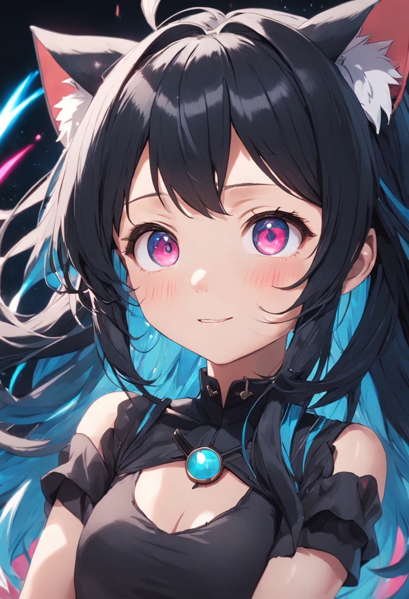 Black hair, hair bobbles, long eyelasher, solid circle eyes, Light smile, Ear blush, Fang, Animal ears, shadowing, anaglyph, stereograms, tachi-e, angle of view, Atmospheric perspective, 8K, Super detail, ccurate, Best quality, Anatomically correct, Super detail, Best quality, A high resolution