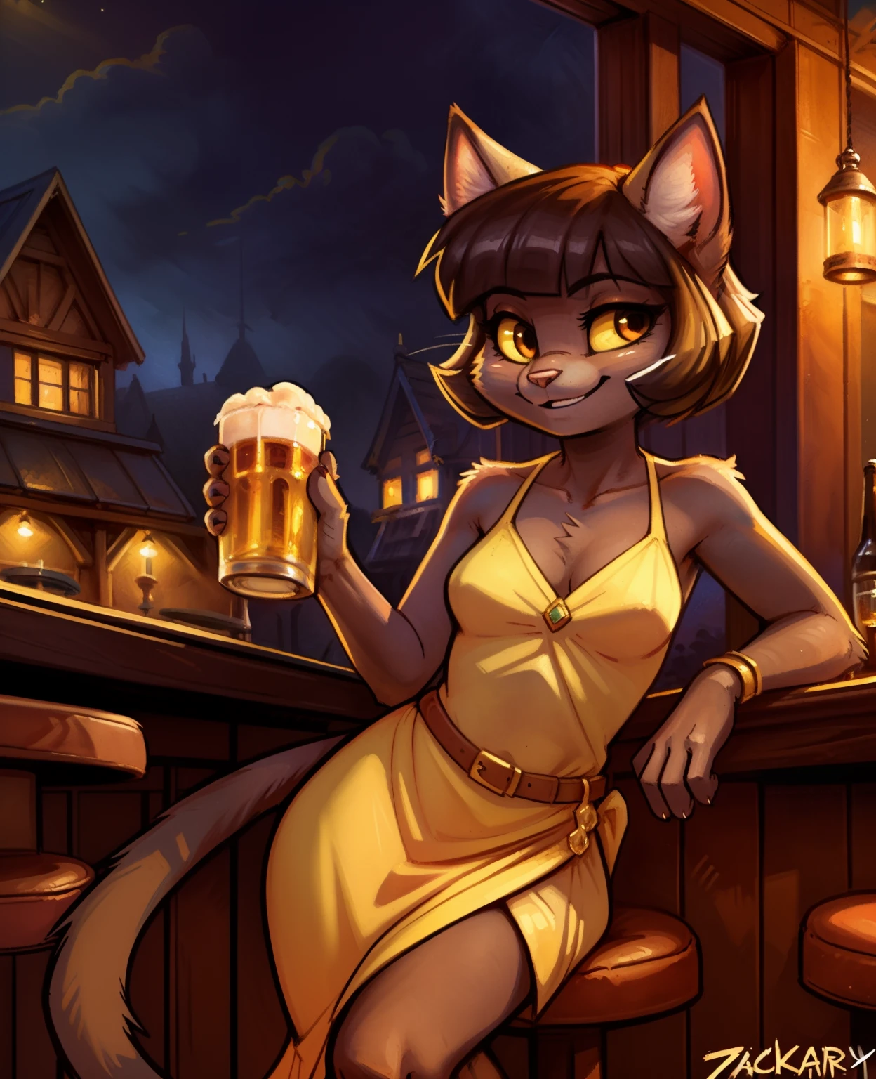 female, (Detailed face), (solo:1.1), [(thin:1.1) : (ivy pepper):4], (Detailed face), (more details, detailed background:1.1), (cat tail:1.1), smile, gold dress, cat, anthropomorphic cat, anthro, (half-closed eyes, looking at the viewer seductively), pub, tavern, ((by Zackary911, Kenket, Kilinah, Zackary911)), drinking beer, night