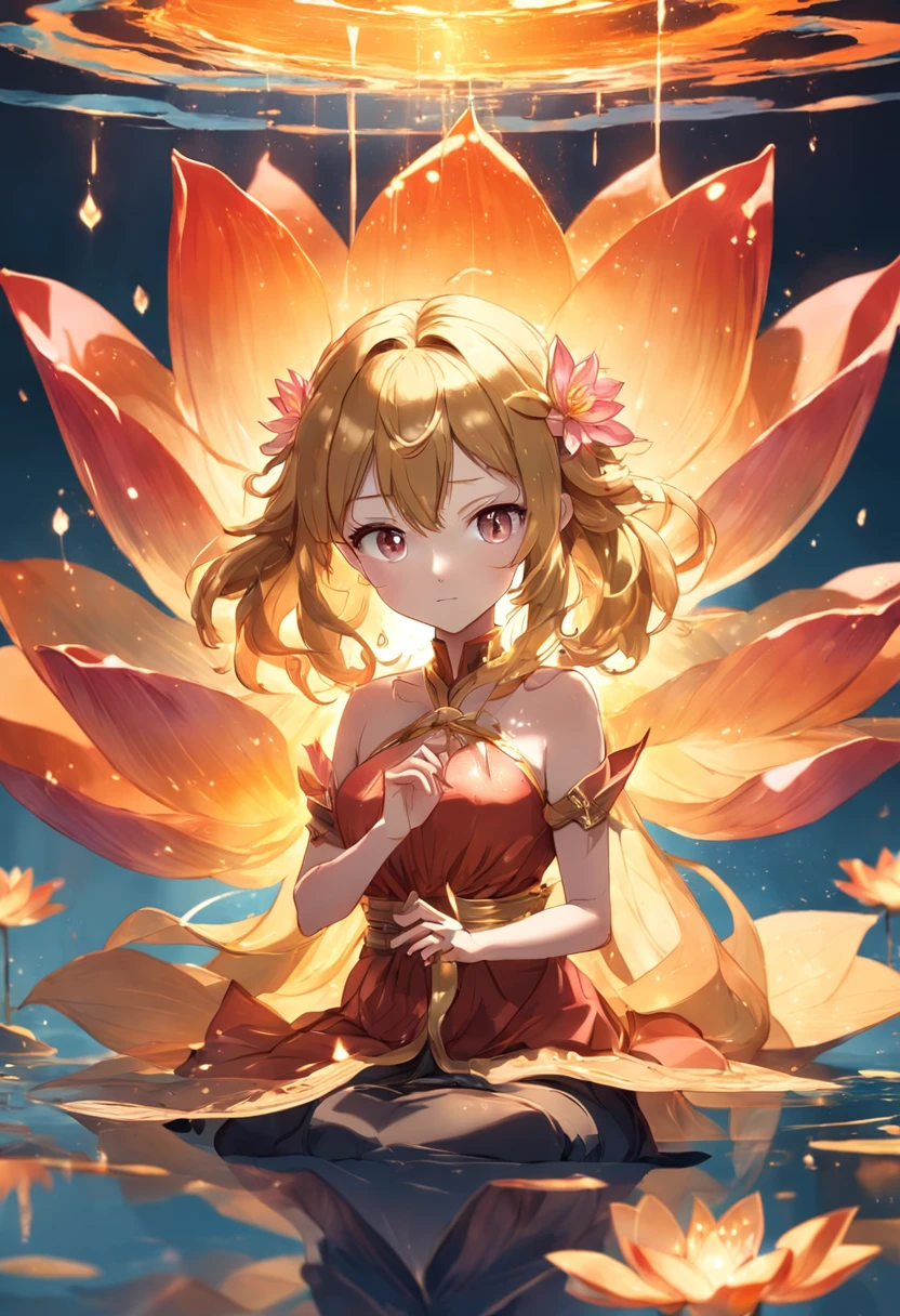 Enlightened mind, Red tones from orange to gold. About the rainbow color lotus flower, And float on transparency, Transparent water, Gold gradient background with light transparency. Golden energy flowed out of the flower core.