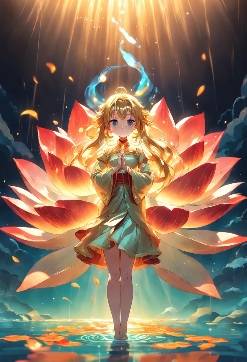 Enlightened mind, Red tones from orange to gold. About the rainbow color lotus flower, And float on transparency, Transparent water, Gold gradient background with light transparency. Golden energy flowed out of the flower core.