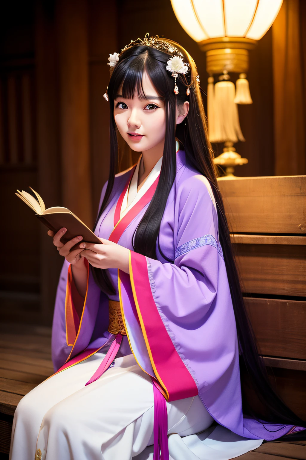 At night, a woman in Hanfu sat down facing the camera，His hands were flipping through books，exquisite facial features ，Beautiful detailed girl,Long shot,Defined "real" light source,En plein air,1girll,Solo,Smile,perfect women figure,Real photos,Long hair,Hanfu,Chinese outfit,(Colorful:1.3),Upper body,Look at the reader