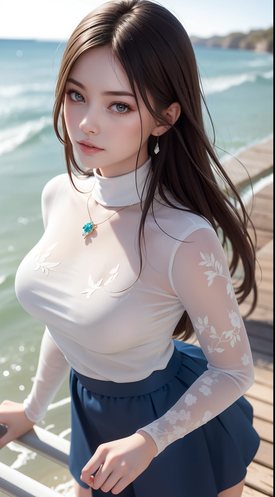 best quality, hyres, original, 1 girl, very detailed wallpaper, very detailed face, pictures, pretty face, stunning, upper body, mature female, beautiful detailed face and eyes, seaside 12, depth of field, HDR, ray tracing, detail lighting, reflection, realism, masterpiece, best quality, official art, extremely detailed CG8K wallpaper, flying petals, perfect female figure, curved, very beautiful breasts, detailed ice, crystal textured skin, indifferent expression, long hair, Messy hair, viewing viewer, extremely delicate beauty, water, beautiful detailed eyes, very detailed, movie lighting, beautiful face, fine water surface, original character painting, super detailed, incredibly detailed, an extremely delicate and beautiful, beautiful meticulous eyes of the best quality, turtleneck dress t-shirt short skirt walking on the beach