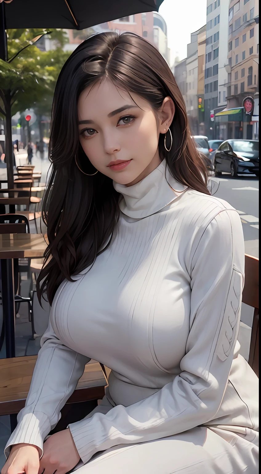 ((A mature woman sits in front of a café)),((turtleneck shirts:1.3)). 40k, Photography, Masterpiece, Best quality, dark grey background, ((Mature women, Wife, Mom, A MILF)), ((A plump chest)), Perfect face, perfect boobs, ((Breast-huge)), ((1 girl with brown eyes and gorgeous light black hair)). a Pretty Japanese woman,full soft breasts and white skin, ((very soft breasts)). Ultra-detailed face, Detailed eyes, Embarrassed, Smile, Summer, Daytime, (((Slave collar))), Half body, dated