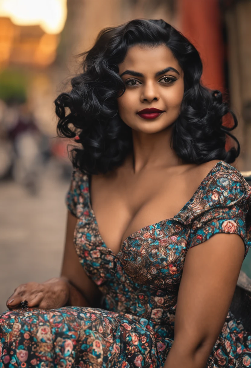 panoramic long shot of a beautiful south asian girl, dynamic pose, old classic , wavy black hair, 50s pin up style, intricate, detailed, DSLR camera , 8K UHD, deep blacks, post processing, nubian nose, protruding teeth, prominent mamary glands