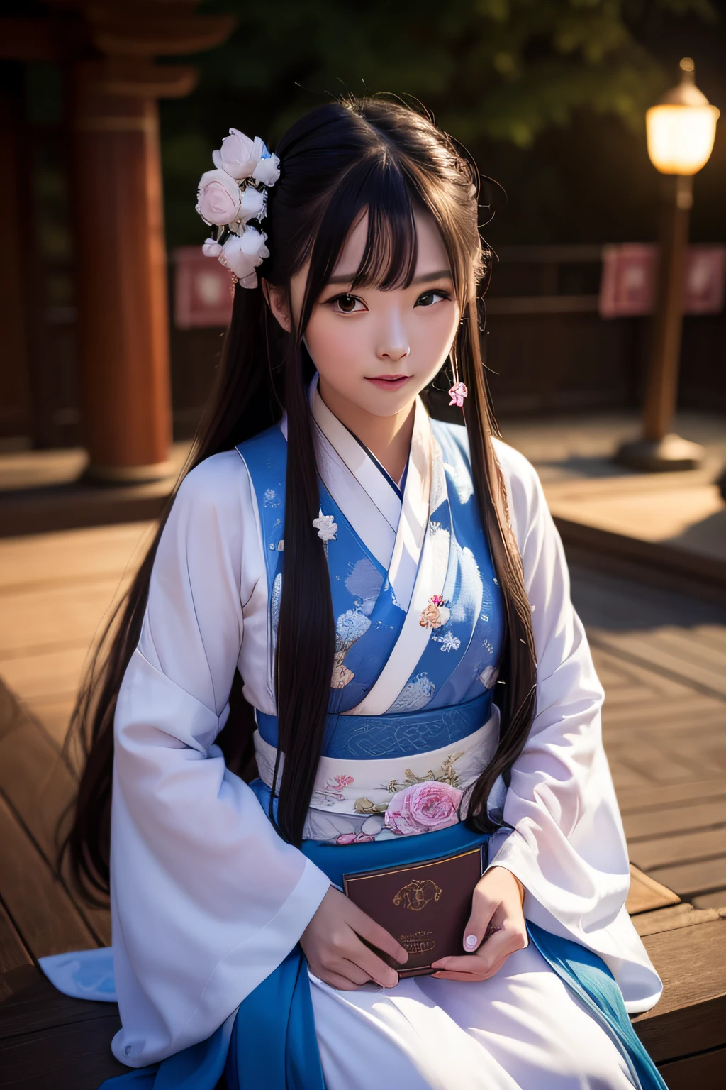 At night, a woman in Hanfu sat down facing the camera,His hands were flipping through books,exquisite facial features ,Beautiful detailed girl,Long shot,Defined "real" light source,En plein air,1girll,Solo,Smile,perfect women figure,Real photos,Long hair,Hanfu,Chinese outfit,(Colorful:1.3),Upper body,Look at the reader