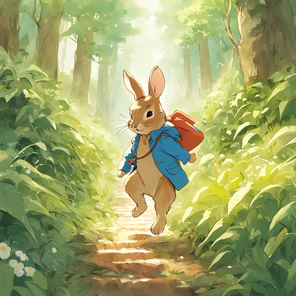 Tourism illustration  	Peter Rabbit, running, many plants, many colors, white  background, Tourism illustration, simple shape, flat design, minimalist style  chao100