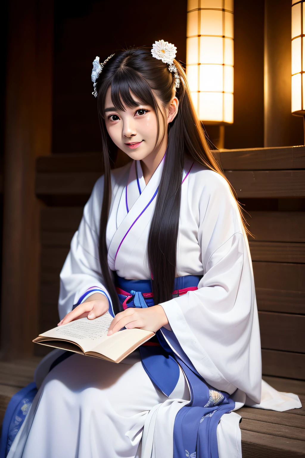 At night, The woman in Hanfu sat down facing the camera,His hand was flipping through the book,Exquisite facial features ,Beautiful detailed girl,Long shot,undefined "Real" The light source,En plein air,1girll,Solo,Smile,perfect women figure,Real photos,Long hair,Hanfu,Chinese outfit,(Colorful:1.3),Upper body,Look at the reader
