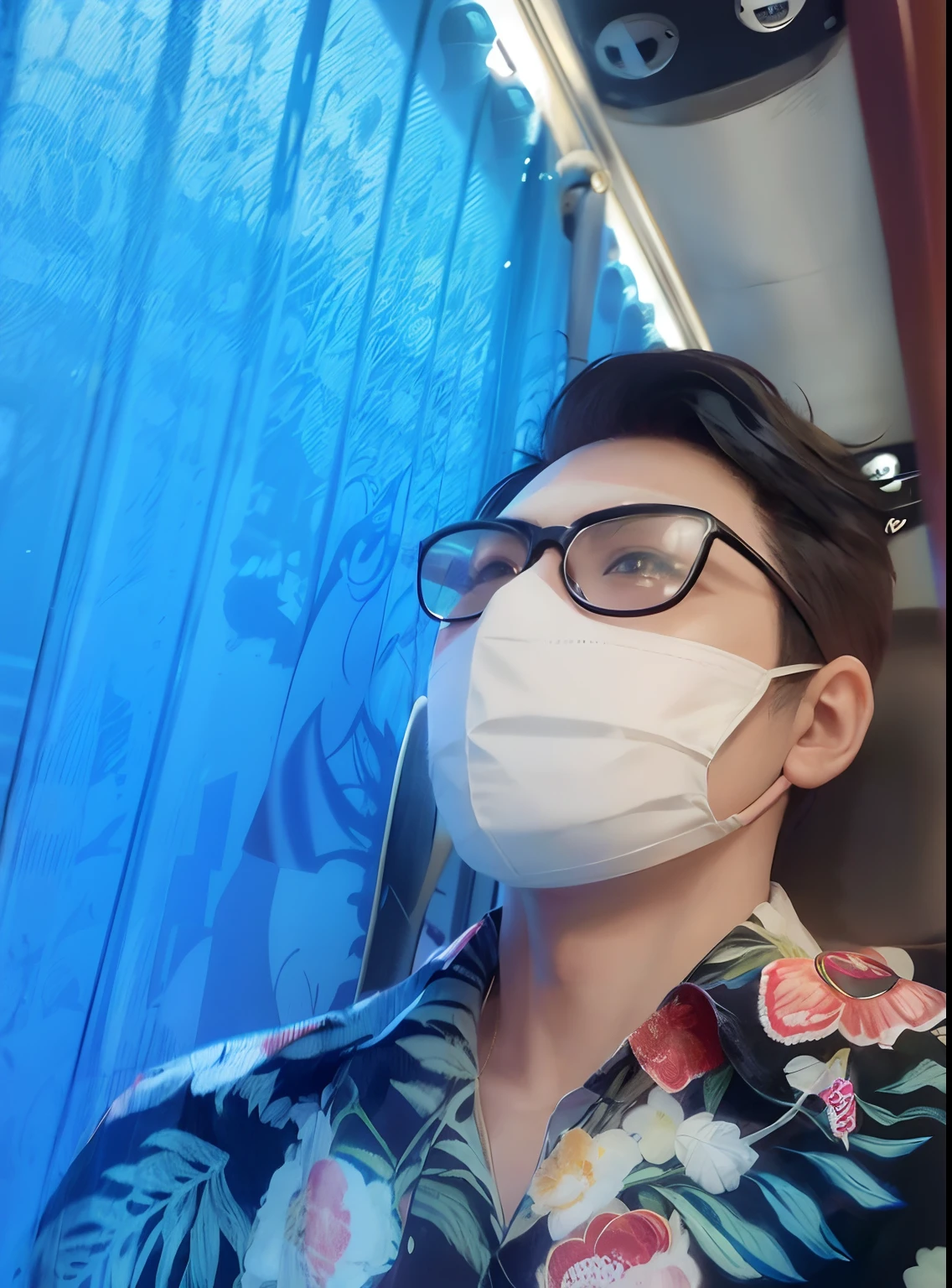 arafed man wearing a face mask and glasses on a train, wearing mask, wearing facemask and sunglasses, wearing facemask, wearing transparent glass mask, wearing a mask, one single mask, surgical mask covering mouth, profile shot, mask, no face mask, no mask, full mask, wearing all black mempo mask, facemask, in background