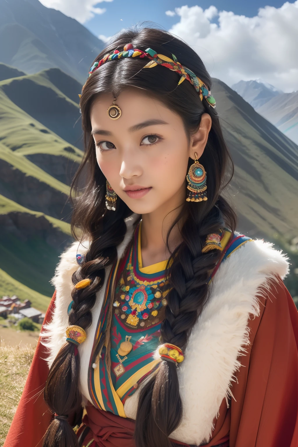 (Masterpiece).(((Brownish-black skin,Textured skin,Highland red face,Sunburn,suntanning,Sunburn))),Beautiful Tibetan girl, Bright eyes,(((Costumes dressed in Tibetan art costumes, Traditional Tibetan robes,Tibetan robes,Tibetan hair accessories,Tibetan jewelry,turquesa,beeswax))),Ultra-detailed details,upscaled。Soft lighting,super detailing, High details, high qulity, Best quality, High-resolution 8K photos,Photographic style。