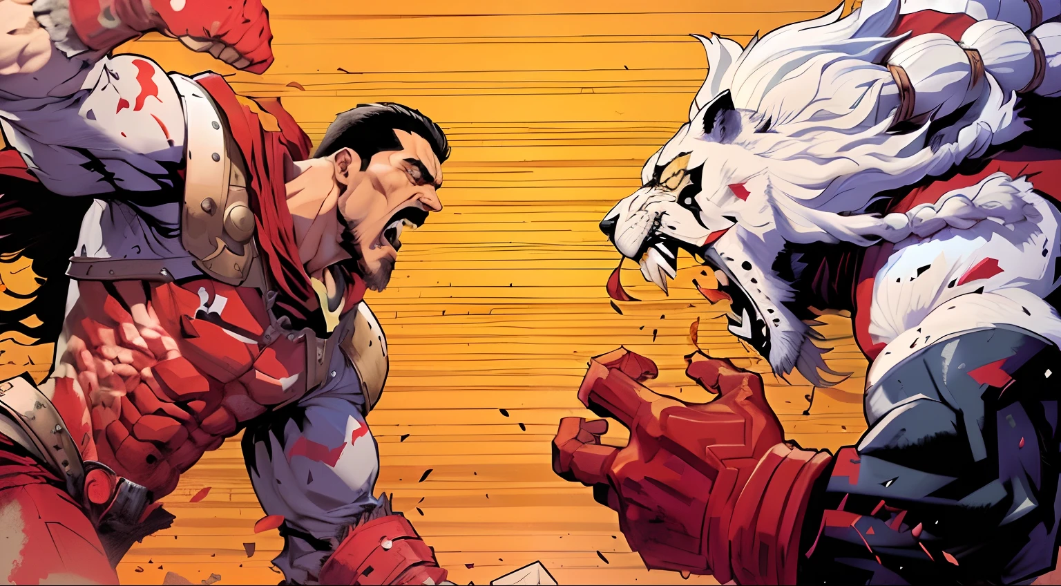 Man vs lion man are fighting over a dead man, epic comic book style, fistfighting demons, epic graphic novel wallpaper, Estilo Berserk, contraste, Estilo arzach de quadrinhos, luta de close-up, Berserk Estilo de Arte, imagem de estilo fantasia de luta, arte estilo quadrinhos, comics illustration, briga, estilo de quadrinhos, olhando para punho sangrento, fundo chamativo, fundo neon
