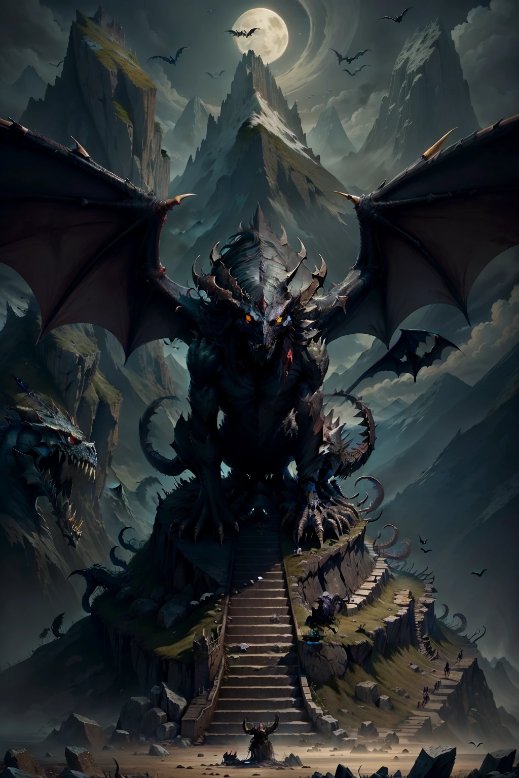 (concept art), ((best quality)), ((masterpiece)), (detailed:1.4), (intricate details), (ultra high res), (V0id3nergy) gigantic, winged, (dragon), roaring, (surrealism), (dreamlike),