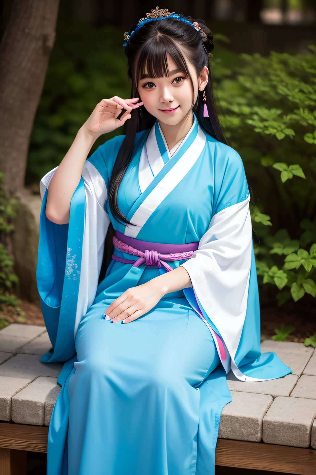 At night, The woman in Hanfu sat down facing the camera，His hand was flipping through the book，Exquisite facial features ，Beautiful detailed girl,Long shot,undefined "Real" The light source,En plein air,1girll,Solo,Smile,perfect women figure,Real photos,Long hair,Hanfu,Chinese outfit,(Colorful:1.3),Upper body,Look at the reader