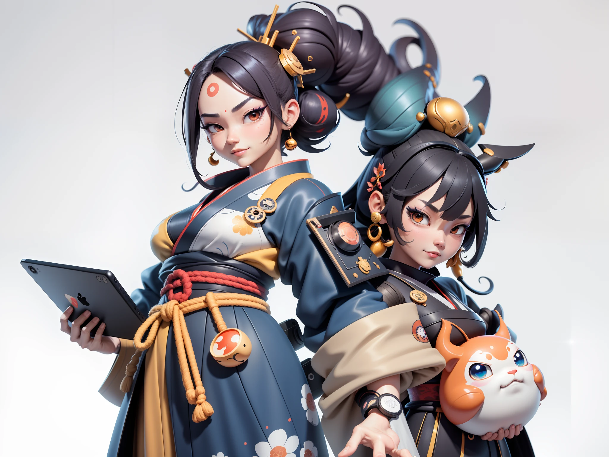 (Daisaku),(Need),(Super meticulous),(full bodyesbian:1.2),Japanese ukiyo-e girl,japanese geisha,Beautiful,Oriental dragon,Aeolian Thor,Raised sexy,爆乳,Oriental face,TV Anchor,Bust portrait illustration,Alone,In black suit,a blue tie,The face is slightly chubby,The face was clean,without a beard,Black super short hair,Black eyes,Smile confidently,3C computer sub-products,iPad, iphone,Digital painting,3D character design by Mark Clairen and Pixar and Hayao Miyazaki and Akira Toriyama,The illustration is a high-definition illustration in 4K resolution,With very detailed facial features and cartoon-style visuals。