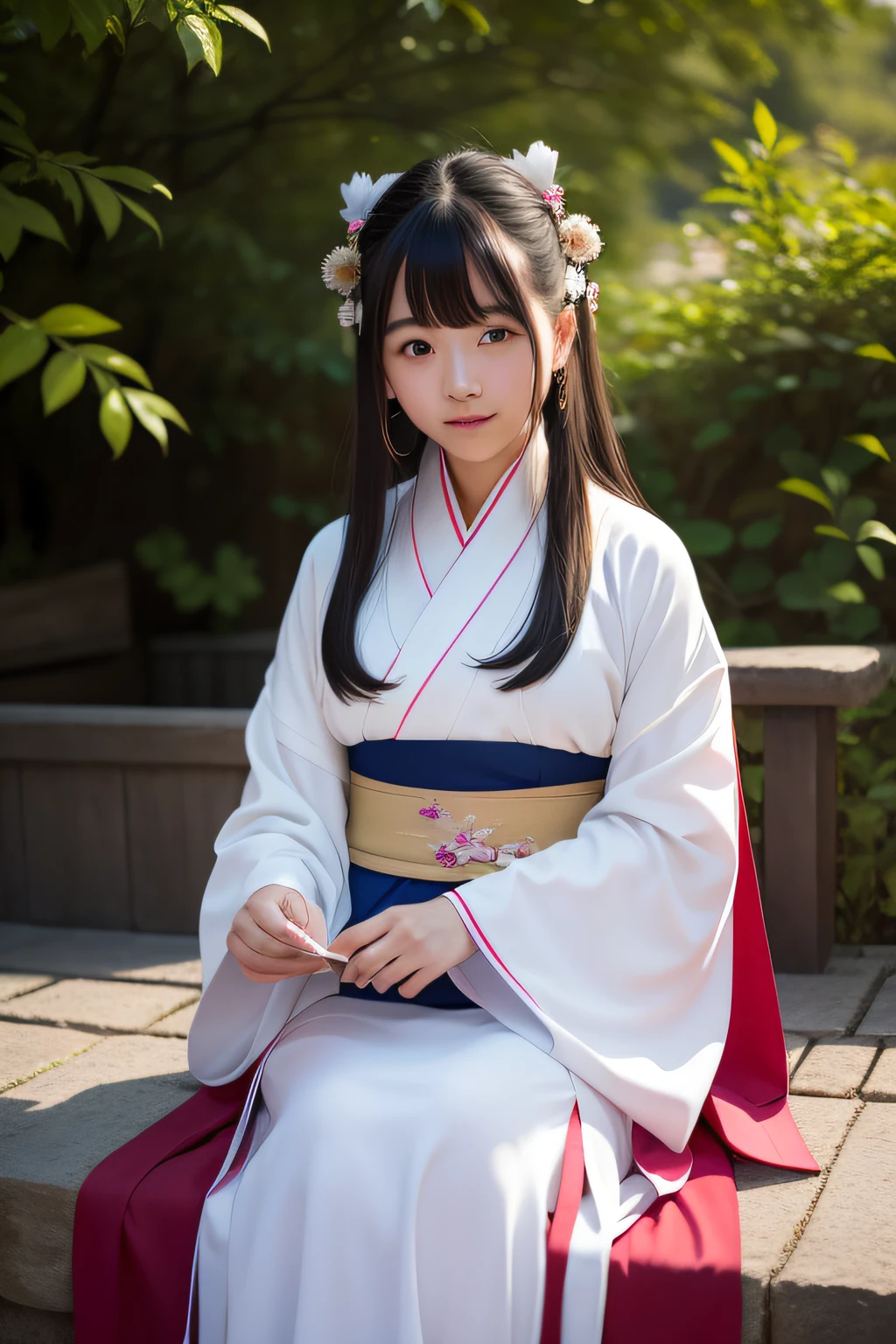 At night, The woman in Hanfu sat down facing the camera，His hand was flipping through the book，Exquisite facial features ，Beautiful detailed girl,Long shot,undefined "Real" The light source,En plein air,1girll,Solo,Smile,perfect women figure,Real photos,Long hair,Hanfu,Chinese outfit,(Colorful:1.3),Upper body,Look at the reader