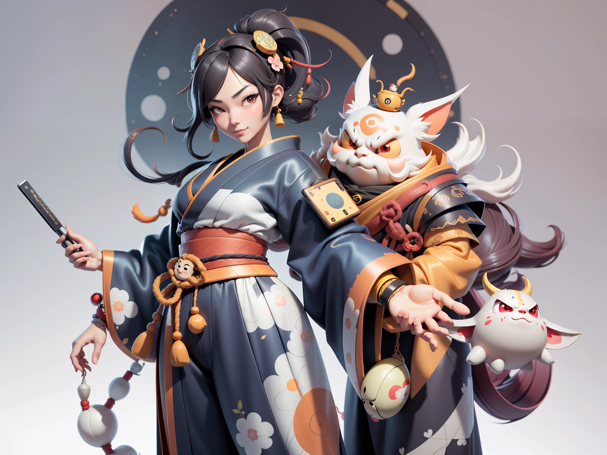 (Daisaku),(Need),(Super meticulous),(full bodyesbian:1.2),Japanese ukiyo-e girl,japanese geisha,Beautiful,Oriental dragon,Aeolian Thor,Raised sexy,爆乳,Oriental face,TV Anchor,Bust portrait illustration,Alone,In black suit,a blue tie,The face is slightly chubby,The face was clean,without a beard,Black super short hair,Black eyes,Smile confidently,3C computer sub-products,iPad, iphone,Digital painting,3D character design by Mark Clairen and Pixar and Hayao Miyazaki and Akira Toriyama,The illustration is a high-definition illustration in 4K resolution,With very detailed facial features and cartoon-style visuals。