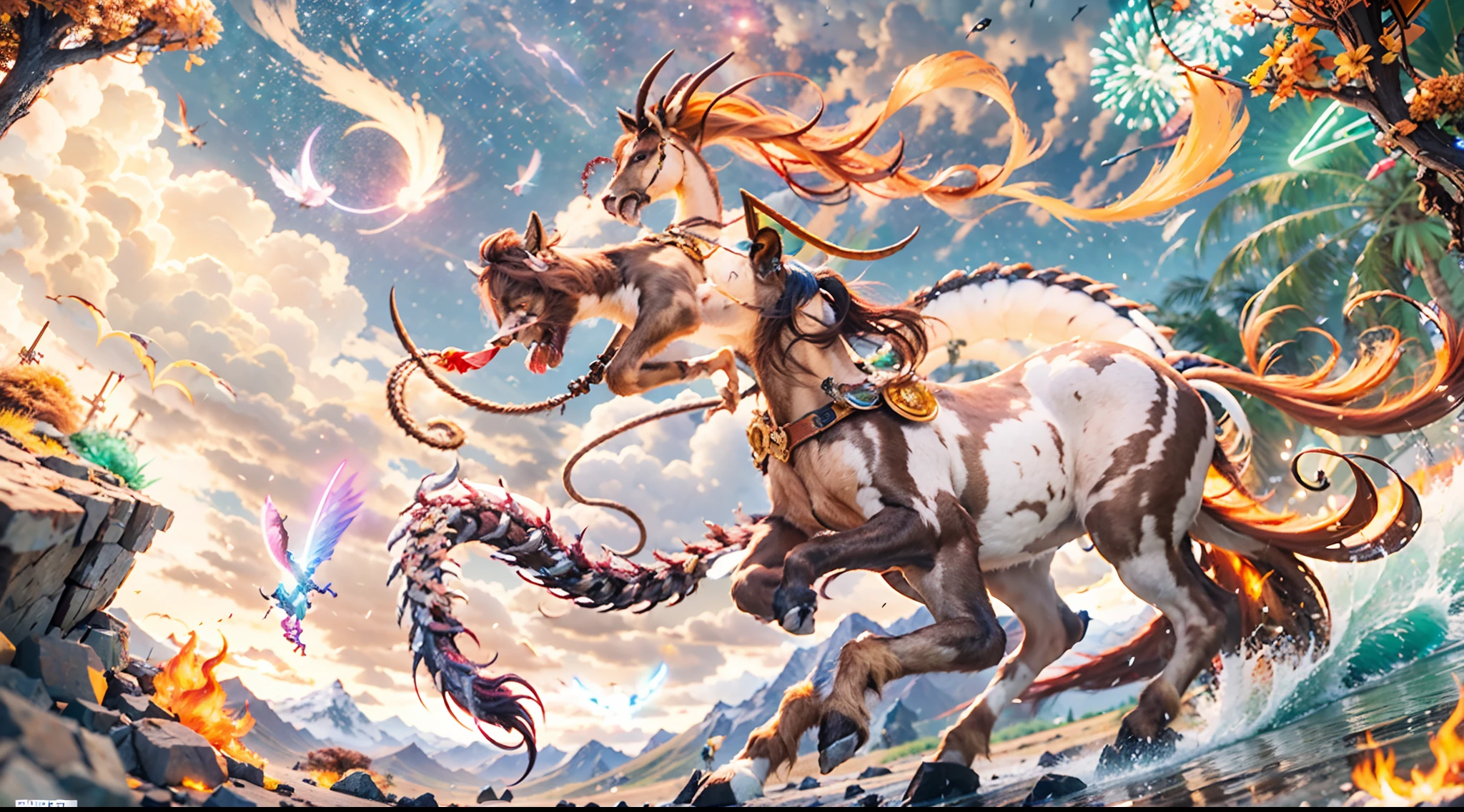 In the beautiful illustration of this super-grand scene,The ultra-long-range lens is shown(Eight unique centaur characters:9.9),They all have their own characteristics,Vivid and interesting。Radiant angelic centaurs from the heavenly realm,To the hellish centaurs surrounded by nightmarish flames,And then to the Wind Immortal Centaur dancing in the air,There are also one-horned centaurs surrounded by thunder and lightning,and mechanical centaurs that shine with metallic light,And then to the powerful dragon centaur with colored dragon scales covering the whole body,The elegant and agile elf centaur always wears a flower crown with its slender and graceful lines,Enchanting and charming Tiflin centaurs。Each character has their own unique charms and abilities。The illustration uses advanced artistic techniques and tools,(Divide the scene into sections by geometric arrangement:9.9),Each section corresponds to a centaur character,This makes more efficient use of space。Through Midjourney's advanced brush tools、Color palette、Material packs and model packs,Exquisite costumes and equipment are designed for each centaur,Enhances the character's personality and visual appeal。The scenery in the illustrations is stunning,There are changing skies、rainbowing、extreme light、Stars and Moon。Incorporating iconic landmarks such as Mount Everest,and fireworks、tranquil lake、Natural and urban elements of waves and neon lights,Creates a magical atmosphere。The centaurs showed off their skills and equipment in a variety of environments,This is true even in extreme alien landscapes。(Use Midjourney's tools、Material packs、Texture tools、The color palette makes depicting details vivid and realistic:9.9),From intricate hairstyles and clothing to authentic textures,Enhances the realism of the characters and surroundings。The fusion of multiple art styles adds movement to the centaur's movement at all angles,The overall visual experience is further enriched。The final illustration was described as a "mast