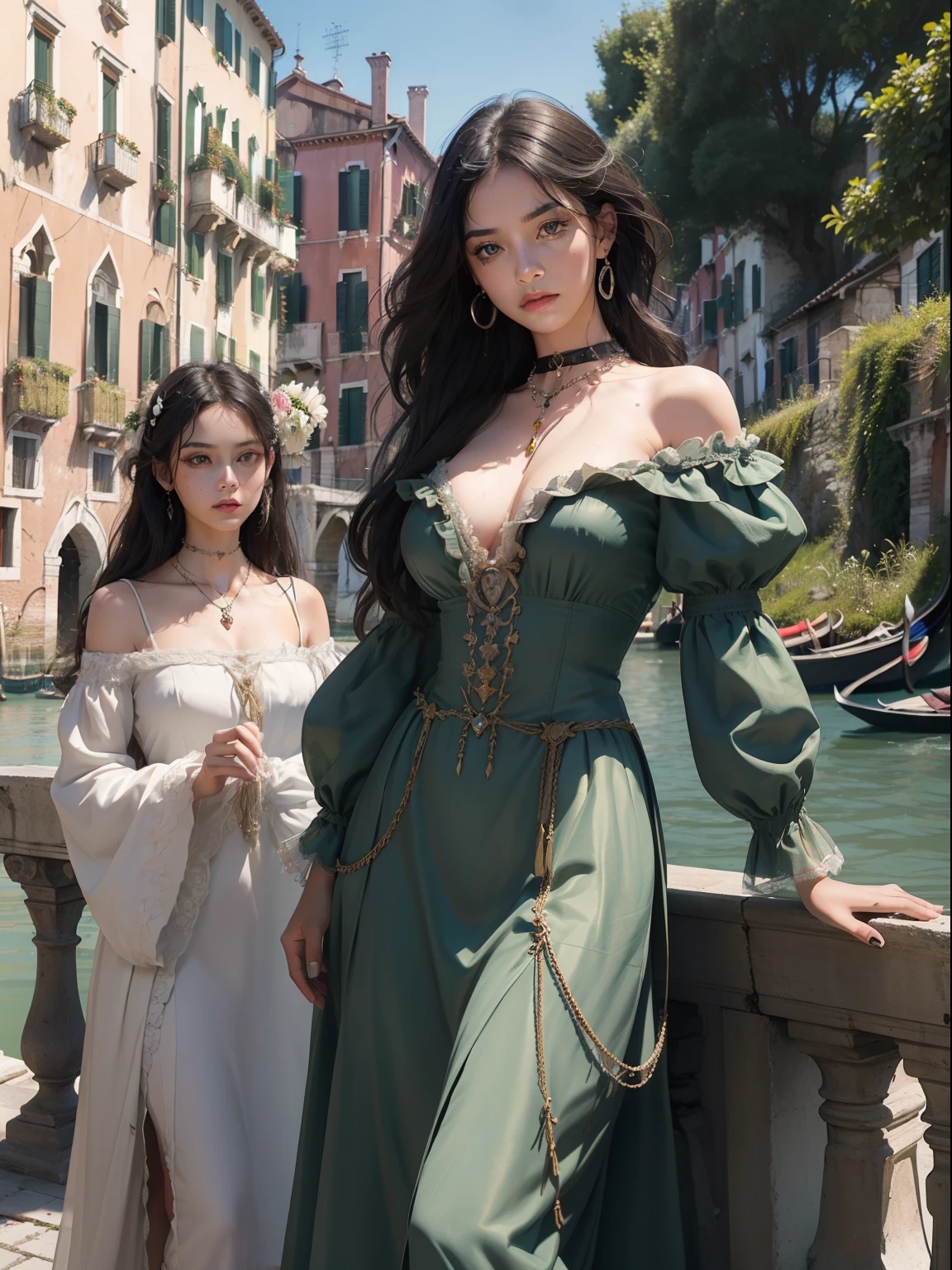 top quality picture 、Italy、Venice 、old bridge 、
15century 、(((Very luxurious fragrance dresses))) 、 is standing 、(((two womens))) , full body Esbian
、Collar with rope 、(((distressed look))) 、Thin ropes that bind the body 、chains 、Pale green walls 、 Black hair 、low angles 、short-hair 、 shining beautiful skin , Sweat, collar and chain accessories, beautiful black pupil and hair, Detailed expression , beautidful eyes,