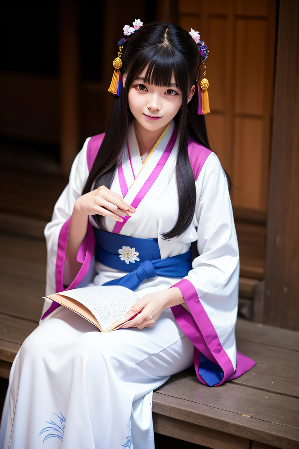 At night, The woman in Hanfu sat down facing the camera，His hand was flipping through the book，Exquisite facial features ，Beautiful detailed girl,Long shot,undefined "Real" The light source,En plein air,1girll,Solo,Smile,perfect women figure,Real photos,Long hair,Hanfu,Chinese outfit,(Colorful:1.3),Upper body,Look at the reader