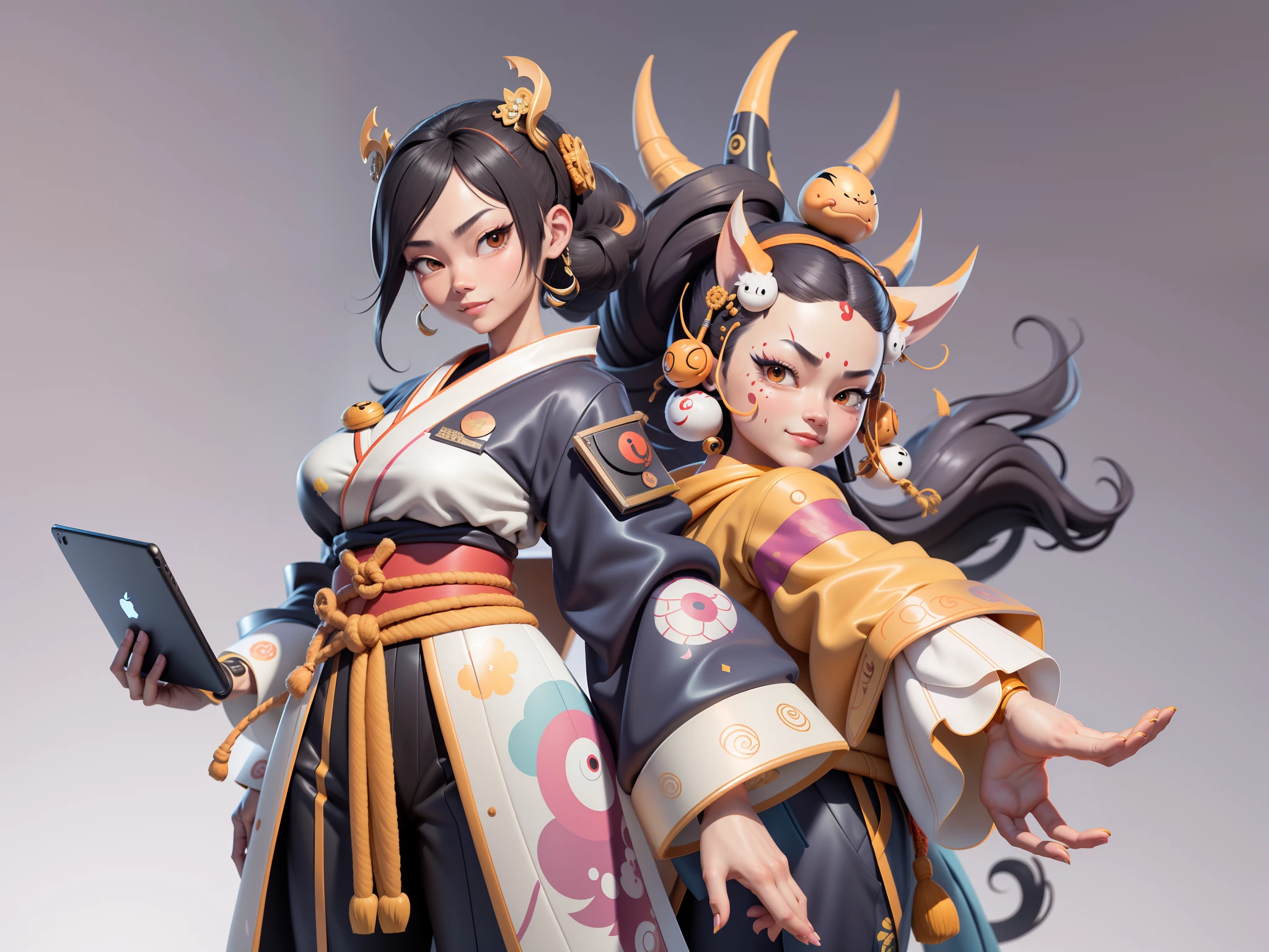 (Daisaku),(Need),(Super meticulous),(full bodyesbian:1.2),Japanese ukiyo-e girl，japanese geisha，Beautiful，Oriental dragon，Aeolian Thor，Raised sexy，爆乳，Oriental face，TV Anchor，Bust portrait illustration，Alone，In black suit，a blue tie，The face is slightly chubby，The face was clean，without a beard，Black super short hair，Black eyes，Smile confidently，3C computer sub-products，iPad， iphone，Digital painting，3D character design by Mark Clairen and Pixar and Hayao Miyazaki and Akira Toriyama，The illustration is a high-definition illustration in 4K resolution，With very detailed facial features and cartoon-style visuals。