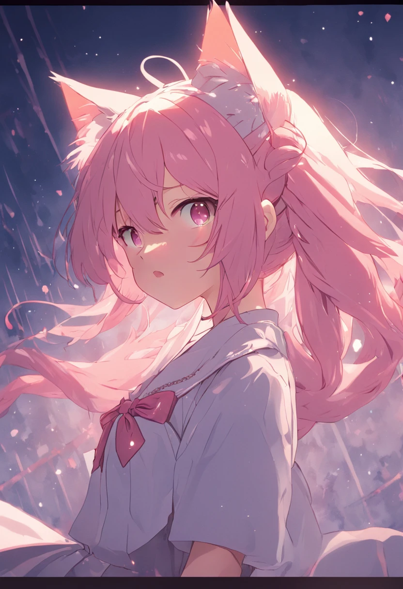 cat ear,s girl,white skirt,Puffy sleeves,Lace,dual horsetail,Twist braids,A pink-haired,Green eyes,Sakura Kinomoto,adolable,quadratic element,Without background,Wallpapers