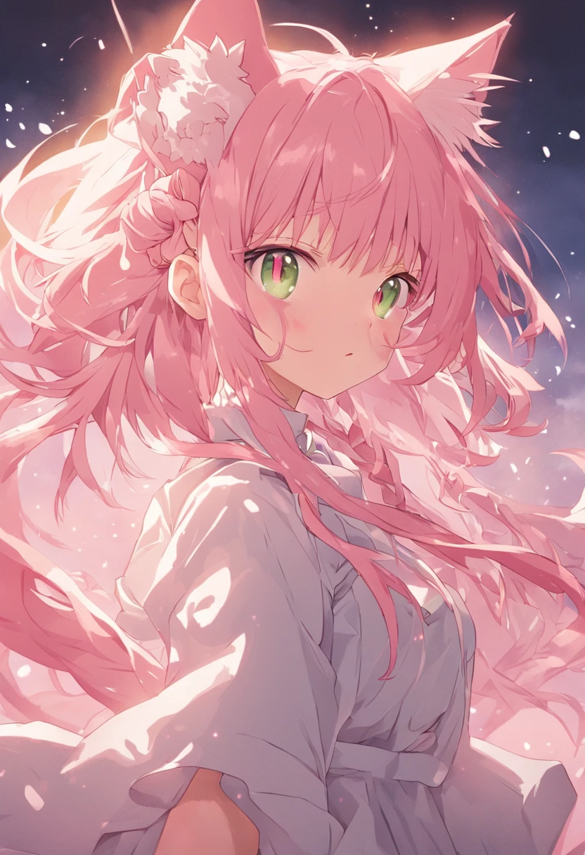 cat ear,s girl,white skirt,Puffy sleeves,Lace,dual horsetail,Twist braids,A pink-haired,Green eyes,Sakura Kinomoto,adolable,quadratic element,Without background,Wallpapers