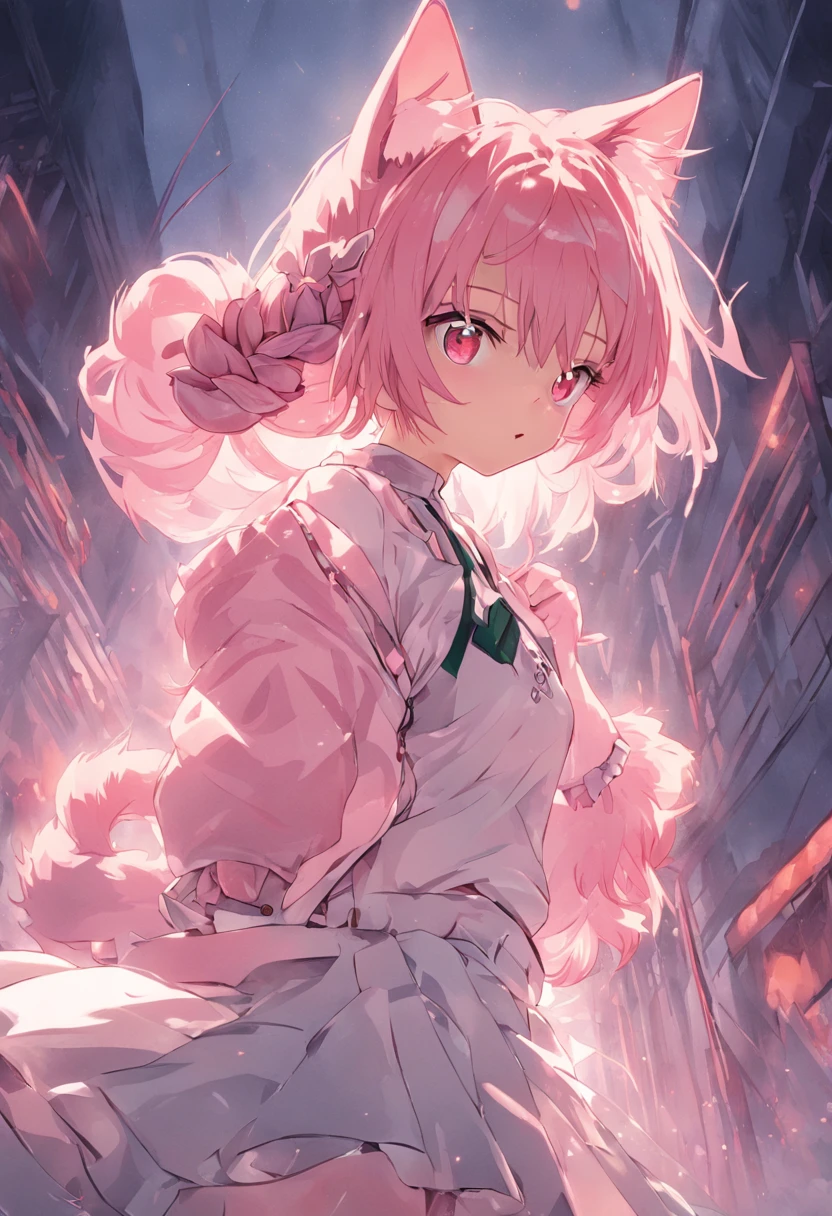 cat ear,s girl,white skirt,Puffy sleeves,Lace,dual horsetail,Twist braids,A pink-haired,Green eyes,Sakura Kinomoto,adolable,quadratic element,Without background,Wallpapers