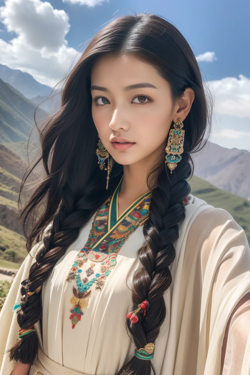 (Masterpiece).(((Brownish-black skin,Textured skin,Highland red face,Sunburn,suntanning,Sunburn))),snow mountains,Potala Palace,Beautiful Tibetan girl, Bright eyes,(((Costumes dressed in Tibetan art costumes, Traditional Tibetan robes,Tibetan robes,Tibetan hair accessories,Tibetan jewelry,turquesa,beeswax))),Ultra-detailed details,upscaled。Soft lighting,super detailing, High details, high qulity, Best quality, High-resolution 8K photos,Photographic style。International award-winning works