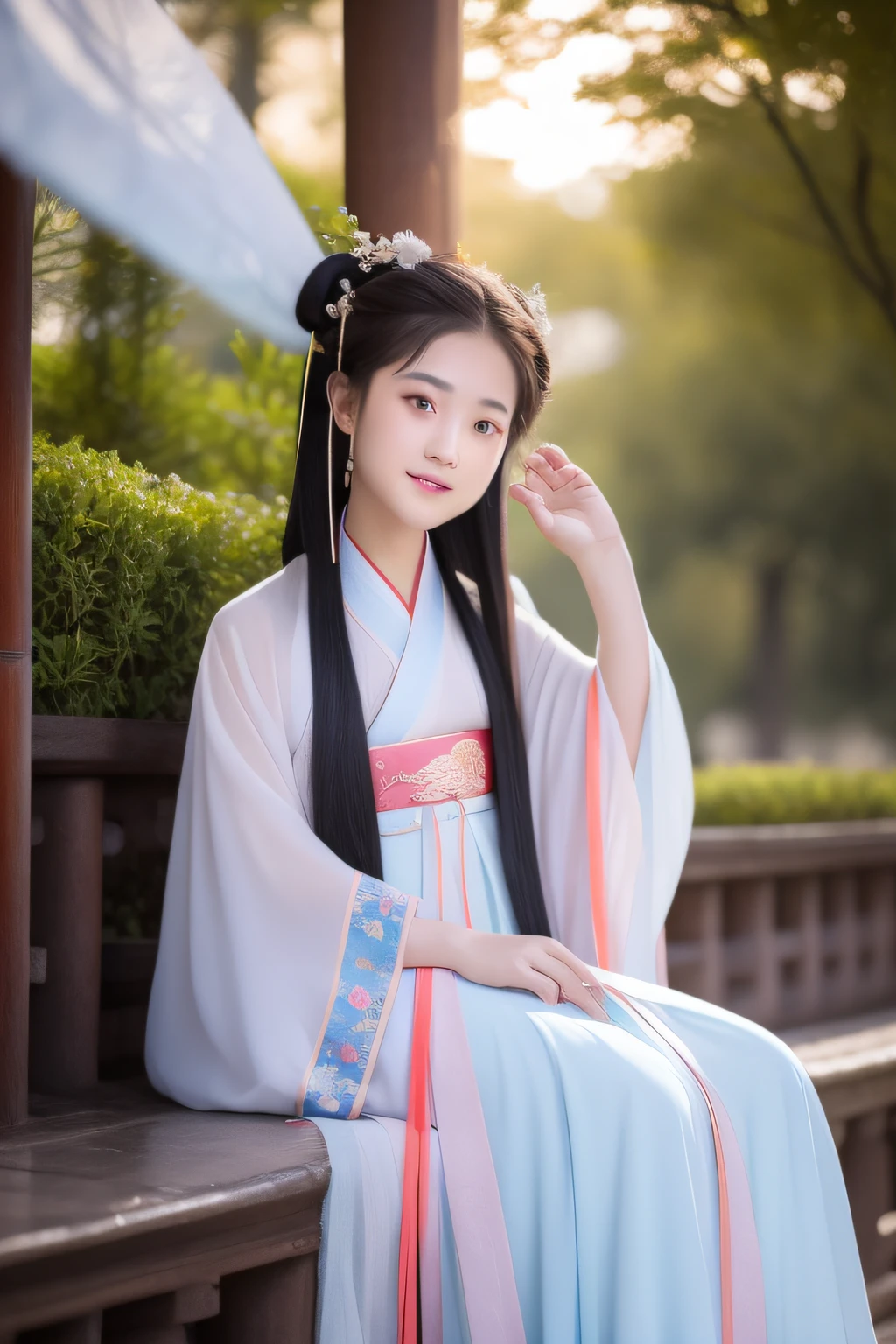 At night, The woman in Hanfu sat down facing the camera，His hand was flipping through the book，Exquisite facial features ，Beautiful detailed girl,Long shot,undefined "Real" The light source,En plein air,1girll,Solo,Smile,perfect women figure,Real photos,Long hair,Hanfu,Chinese outfit,(Colorful:1.3),Upper body,Look at the reader