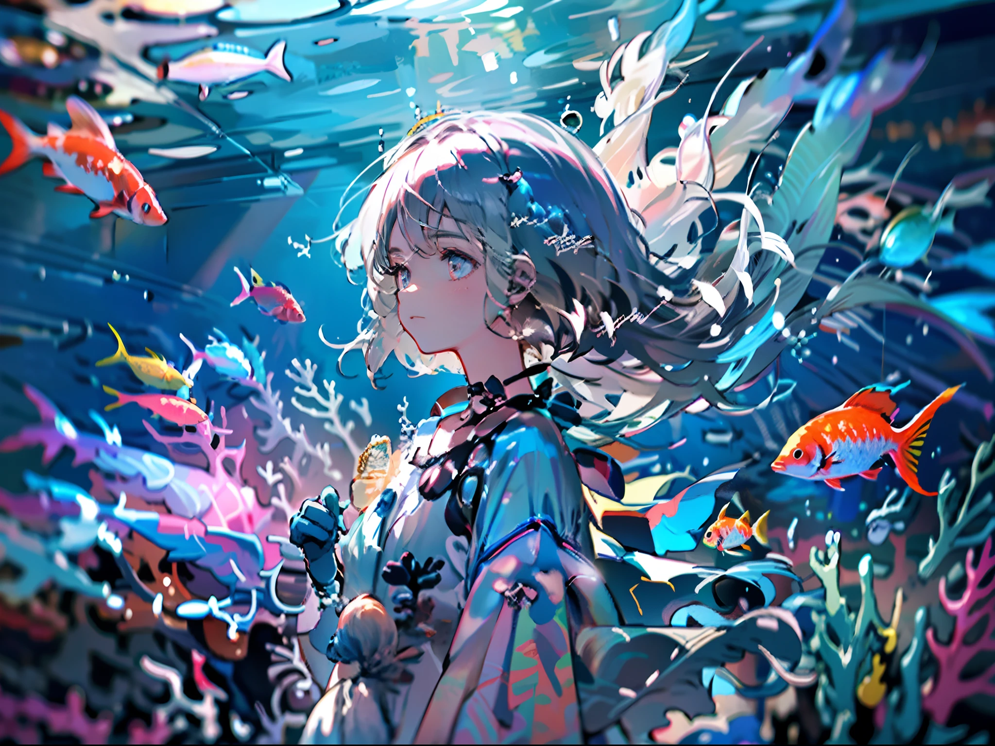 1girll，(ocean floor、Marine life、Beautiful coral reef、gold fish), Messy painting style，Hair flows in water，独奏，Buble， choker necklace， under the water， long whitr hair， blue choker， White hair， From the side Side， airbubble， letterbox， jelly fish， The upper part of the body， Floating hair