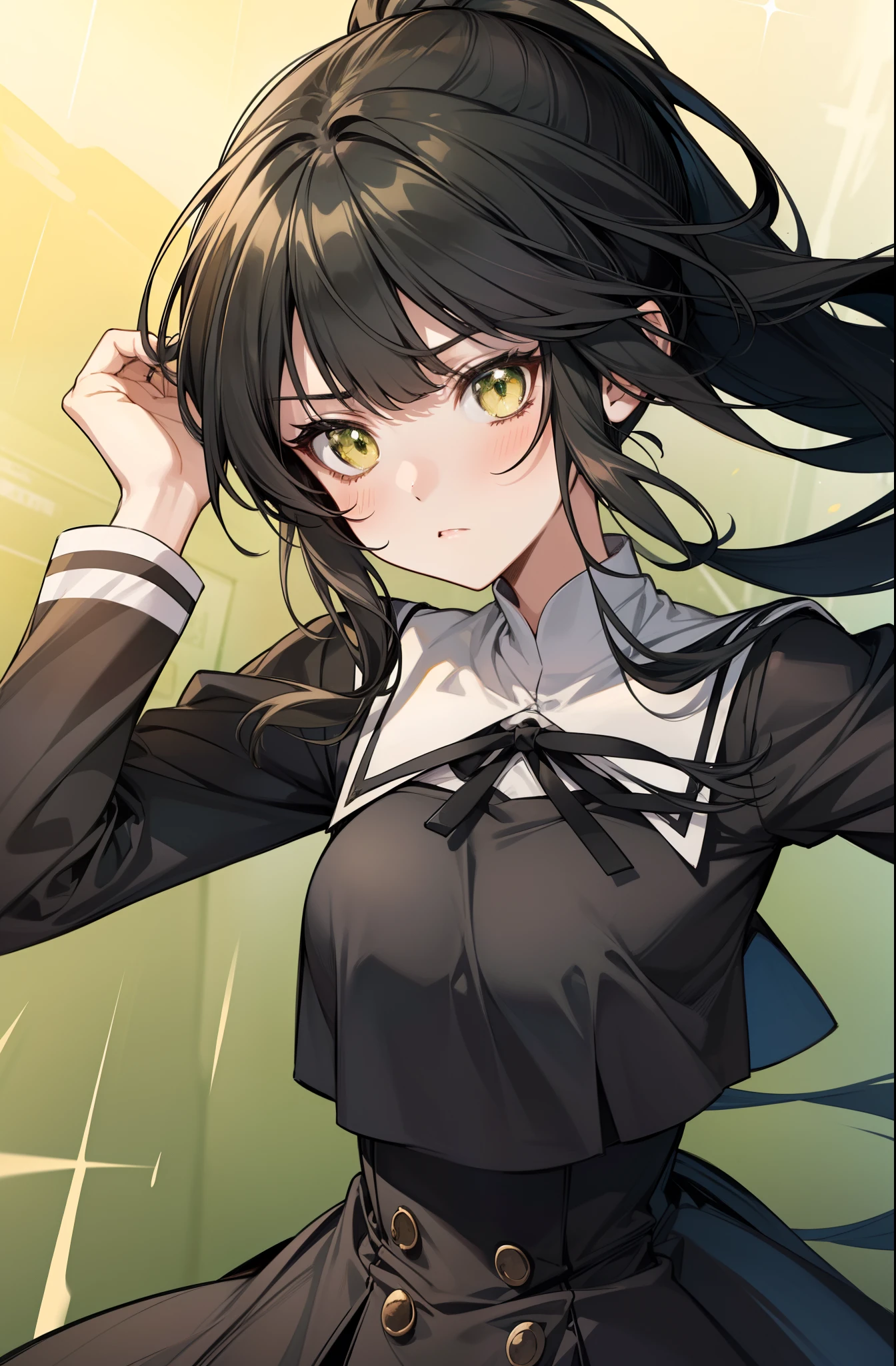 solo, (((anime girl with very long black ponytail))), (((flowing hair))), ((bangs)), (yellowish green eyes), (((neutral face))), ((blank facial expression)), school uniform, skirt, ((classroom in background)), ((high quality)), (extremely detailed)