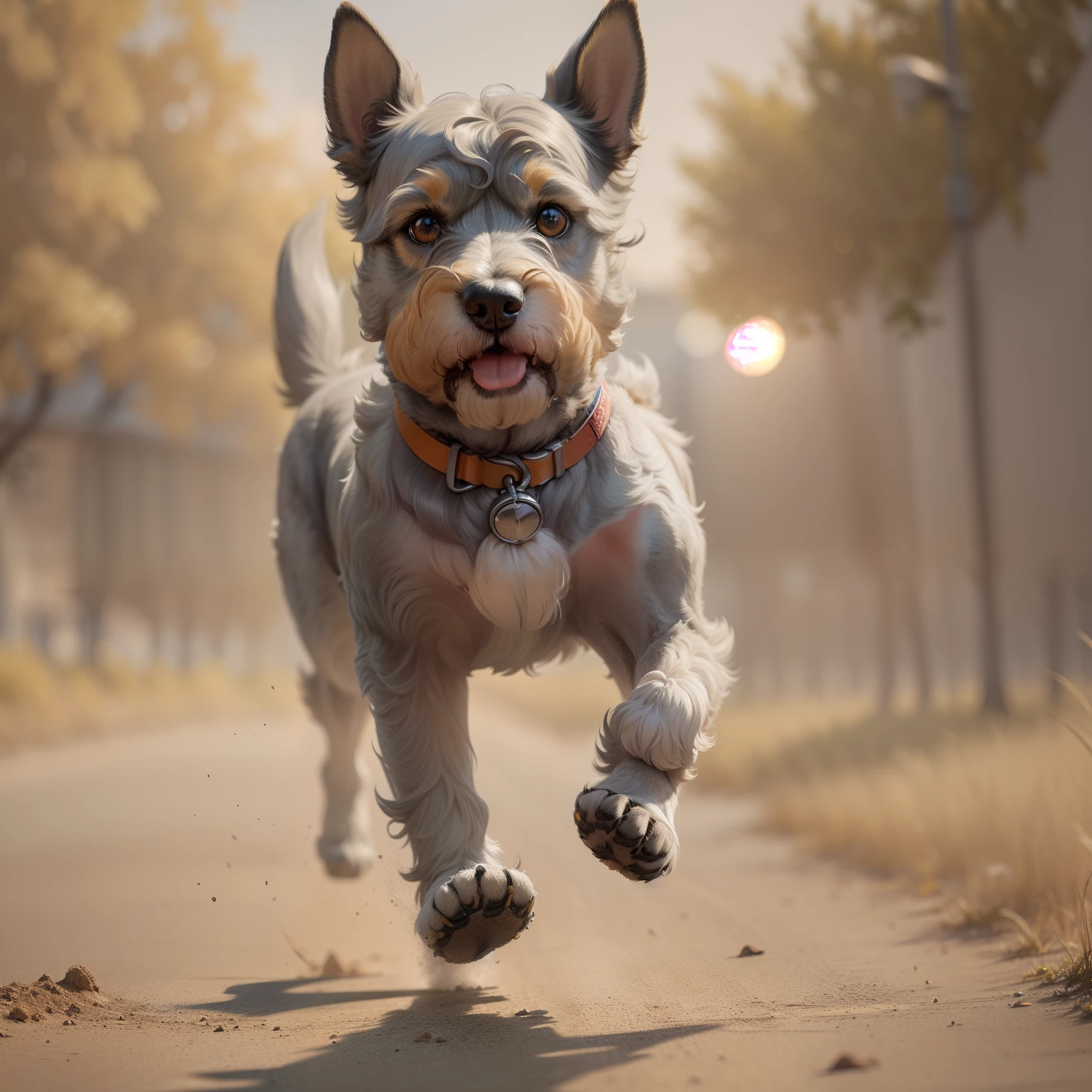 "Create a stunning 8k masterpiece featuring a mini schnauzer running do fast in a greenfield during the golden hour. The image should be in gray scale color with a realistic-photography style. Please make sure to capture the full body of the dog in motion.", Vivid colors style Van Gogh